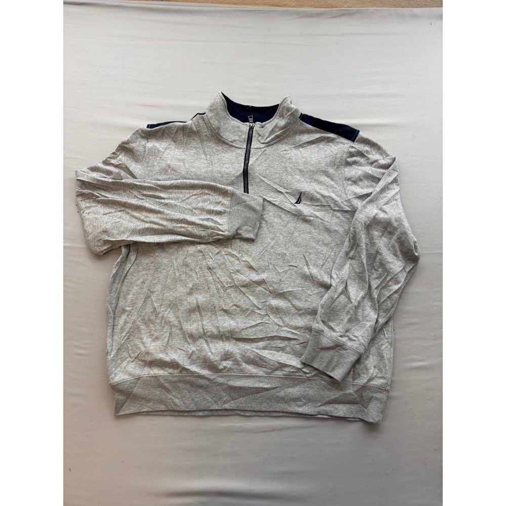 Nautica Mens XL Quarter Zip Pullover Sweatshirt Gray Navy Blue Colorblock Logo